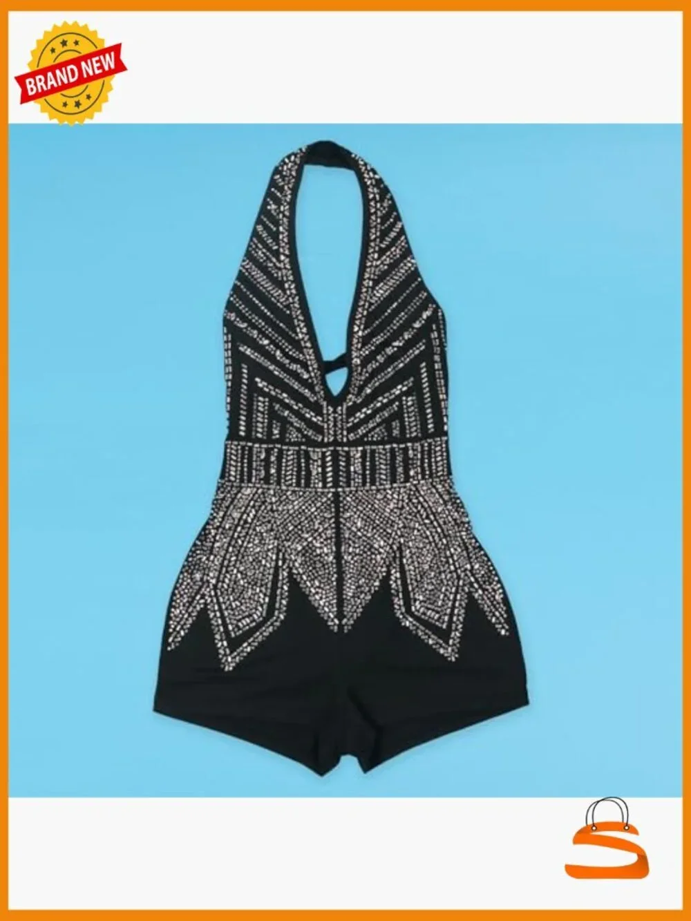 Sexy Rhinestone Halter Deep V Neck Romper Jumpsuit Sleeveless Party